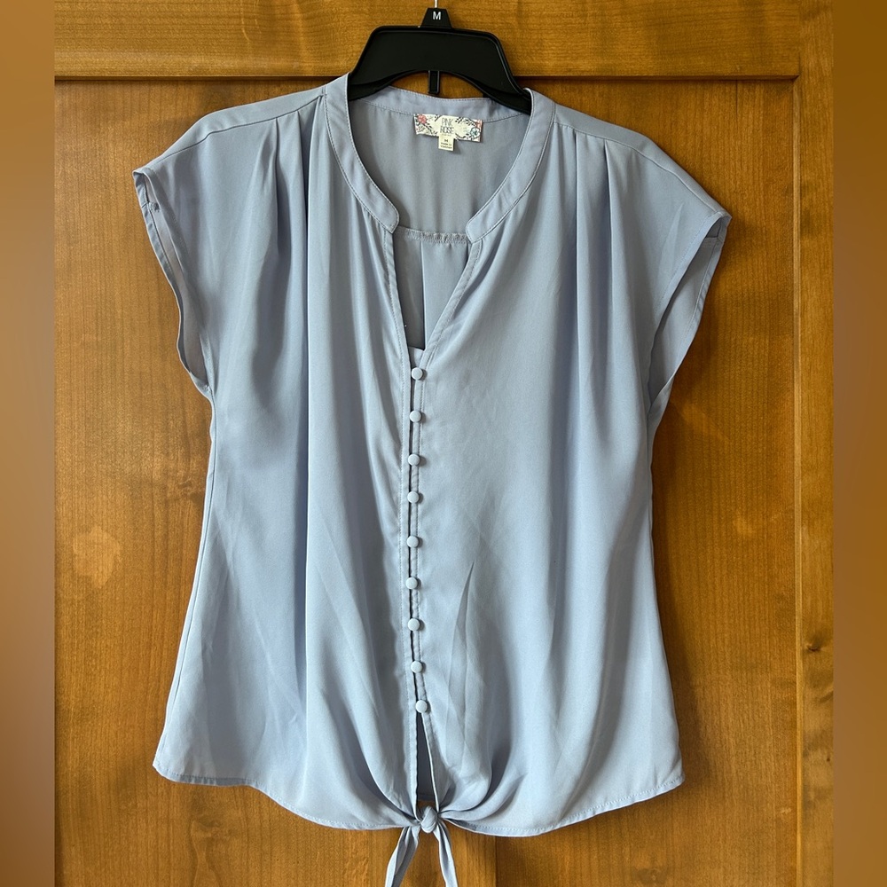 Pink Rose Light Blue Button-Front Cap Sleeve Blouse with Tie